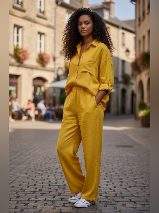 Pants - Women's Relaxed Button-Front Matching Set in Mustard Yellow